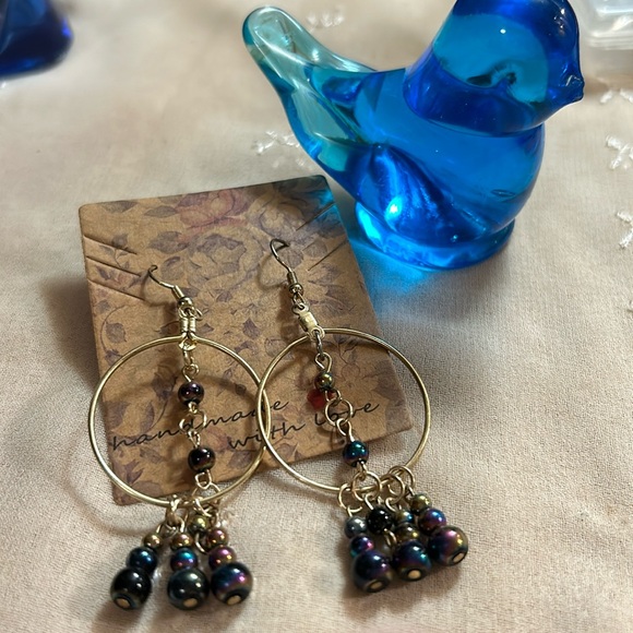 Gold Hoop Earrings with Pearlescent Bead dangle - Picture 1 of 5